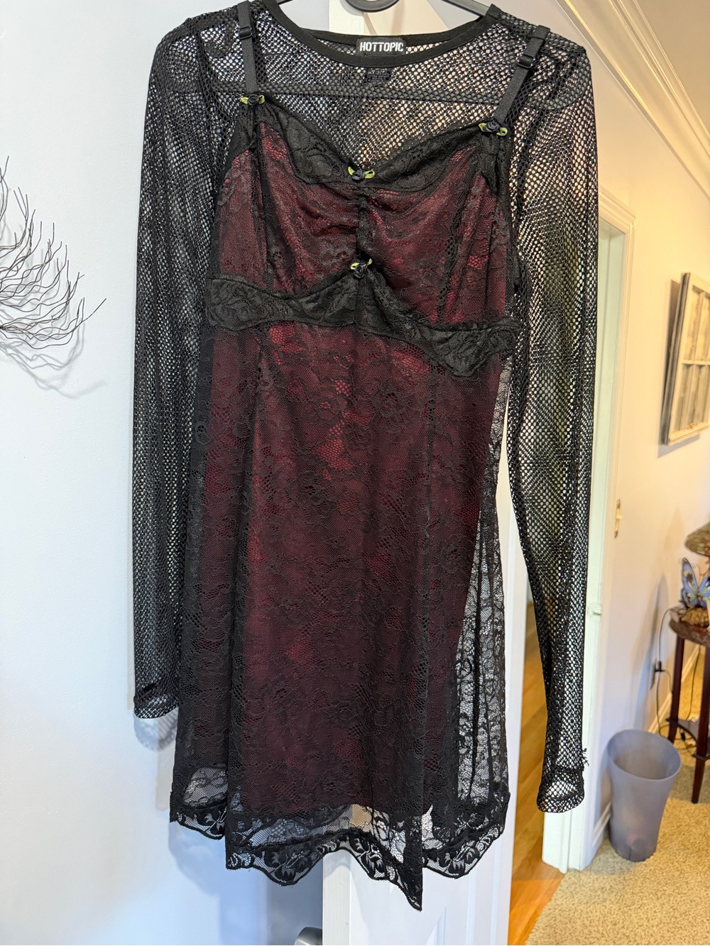 Hot Topic Black Lace Overlay Slip with Burgundy Lining
